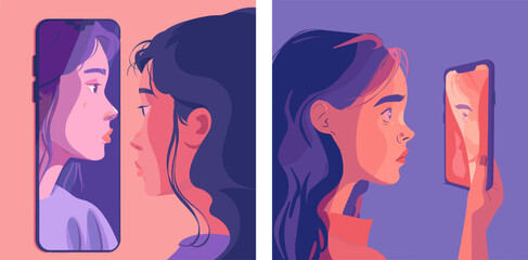 Young female face mirror phone addiction cartoon vector concepts. Woman hand contemplation thoughtful profile reflection stare pink hair smartphone digital gadget scenes