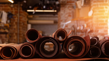 Different brown rolls of natural color leather on rack in workshop. Materials for footwear and DIY handmade craft product