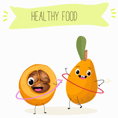 Cute loquat, medlar character with many expressions, fruit different activities, poses vector illustration flat design set.