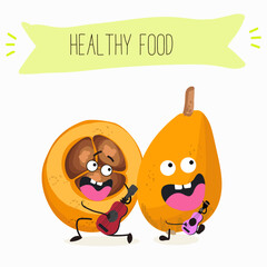 Cute loquat, medlar character with many expressions, fruit different activities, poses vector illustration flat design set.