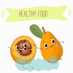 Cute loquat, medlar character with many expressions, fruit different activities, poses vector illustration flat design set.