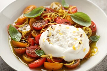 Delicious fresh burrata salad in bowl on table, closeup