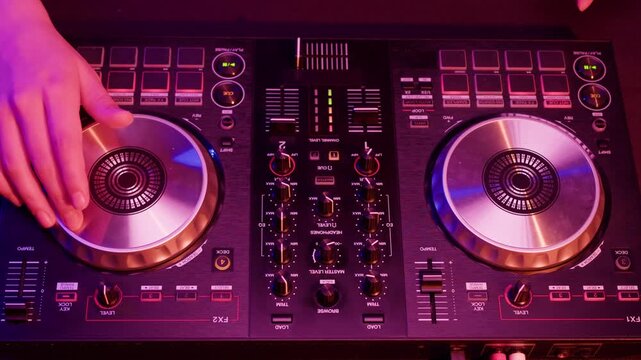 DJ playing music on festival in night club. Techno musician with headphones and sunglasses performing at nightclub for concert crowd of people, city bar.