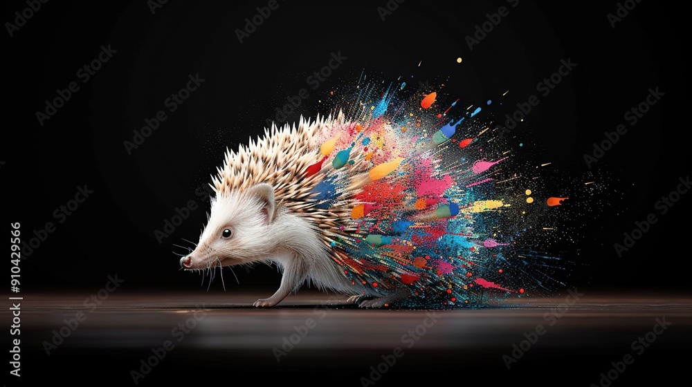 Wall mural a hedgehog adorned with vibrant paint splatters stands confidently on a wooden plank against a dark 