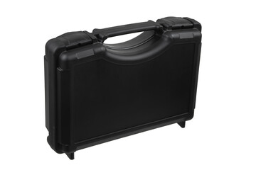 Black plastic container with foam inside for safe storage and transportation of fragile and expensive items. Sturdy plastic case. Isolate on a white back.