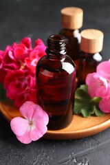 Bottles of geranium essential oil and beautiful flowers on black table, closeup