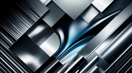 An intricate abstract design composed of various metallic surfaces. The image highlights the interplay of smooth curves and sharp edges, with reflective silver and blue tones. The overall composition 