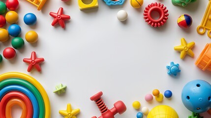 Colorful assortment of children’s toys arranged around a blank white background, ideal for kids’ product advertisements, playful designs, and educational marketing materials with ample copy space for 