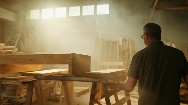 A craftsman moves through a workshop filled with wooden pieces, dust motes dancing in the sunlight filtering through the windows