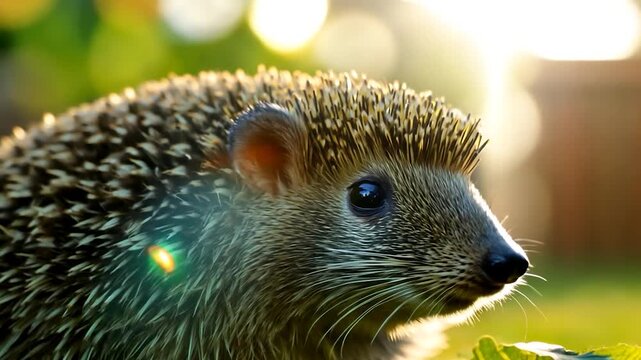 A hedgehog explores a vibrant garden as sunlight glimmers, highlighting its distinctive spines and curious expression