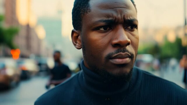 A man strolls through a busy city street, lost in thought as the sun sets, casting warm light on his face and surroundings