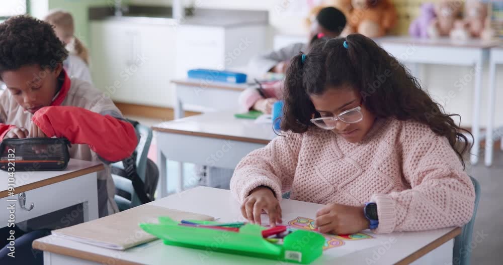 Poster student, desk and girl with test in classroom, homework or quiz activity for young learner. educatio