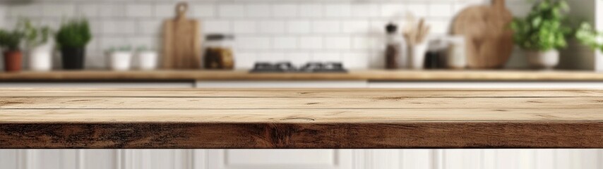 Wooden Tabletop with Blurred Kitchen Background