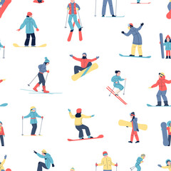 Winter sport activities characters. Seamless pattern with skiing and snowboarding people, children and adults. Flat seasonal sports, vector background