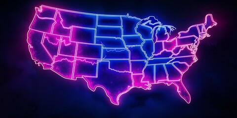 Neon lighted USA Map line art glowing on black background, illustration of the US bipartisanship concept, red and blue, cooperation, president election.