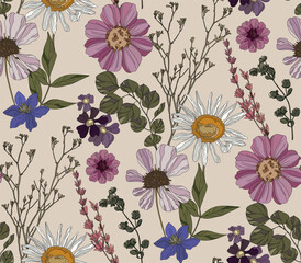 Colorful flowers seamless pattern on white background for wrapping paper, print wallpaper and textile