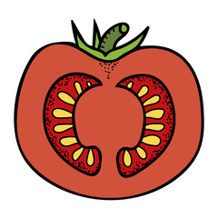 Sliced tomato flat. Harvest ripe fruits. Vegetables garden. Hand drawn vector doodle illustration.