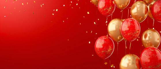 Red and Gold Balloons with Confetti on Red Background, Festive Celebration Party Decoration
