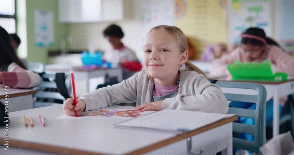 Poster face, student and girl coloring in classroom of creative learning, visual development or fine motor 