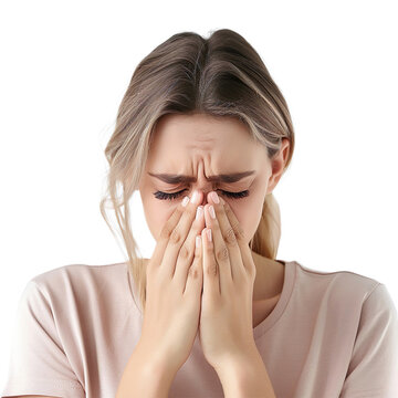 Front view Woman have hyperacusis noise pain on a white background.
