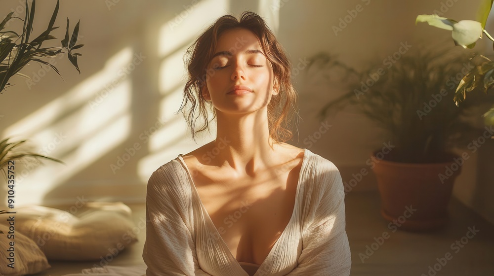 Wall mural serene woman in lotus pose sunlit minimalist living room soft pastel colors tranquil atmosphere gentle shadows focus on peaceful expression