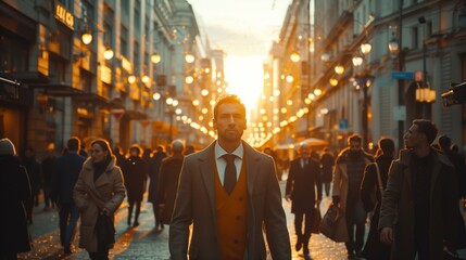Obraz premium Businessman Walking Through City Street at Sunset