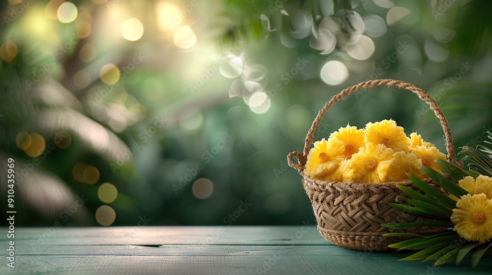 Wall mural basket with yellow flowers on wood table in green background