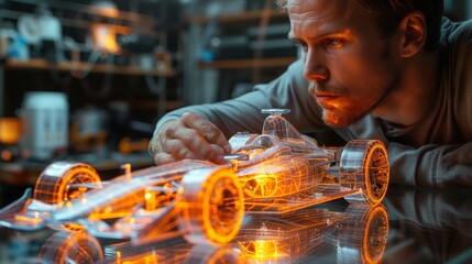 Man Examining Holographic Car Model in Workshop
