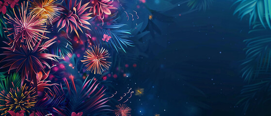 Vibrant Tropical Leaves and Flowers Against a Dark Blue Background