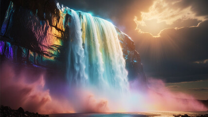 A vibrant, cinematic magic waterfall cascades down a luminous, iridescent rockface