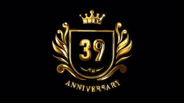 39th Anniversary Celebration. Happy 39 Years Anniversary Animation in Gold Color on the Transparent Background, Alpha Channel. Great for greetings, celebrations, events, and gifts.