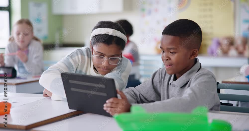 Poster school kids, students and teamwork on tablet in classroom reading with online app or digital e learn