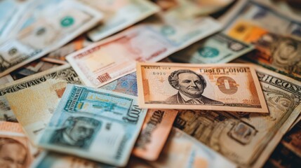 Obraz premium Spread of various international banknotes on a table