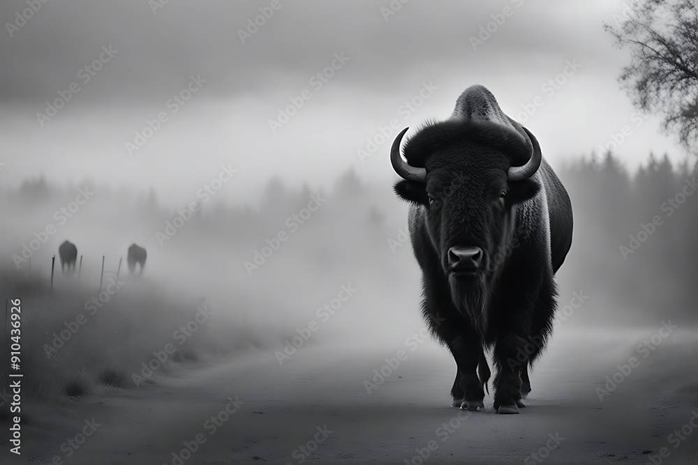 Wall mural walking image greyscale bison mist out wildlife animal wild mammal white buffalo safari zoo nature b