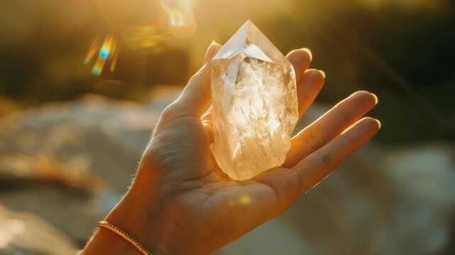 A hand holds a beautiful, clear crystal illuminated by golden sunlight, surrounded by a serene mountainous landscape during sunset