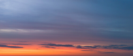 Panoranic Sunrise or sunset Sky with colorful clouds. Orange sunset clouds