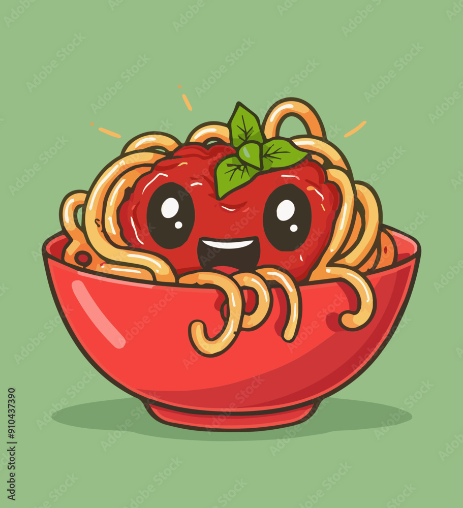 Sticker Cute Cartoon Spaghetti with Tomato Sauce Character