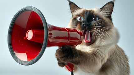 Fototapeta premium Siamese Cat Shouting Through Red Megaphone: Humorous Pet Communicating Louder.