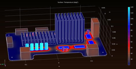 Computer 3d modeling of the temperature distribution  on the surface of the printed circuit board of an electronic device and its components. Thermal analysis. © TKalinovskaya