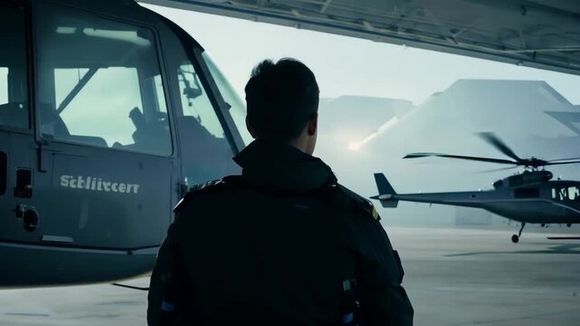 A military figure stands ready near helicopters at an airbase, surrounded by fog in the early morning light, preparing for flight operations