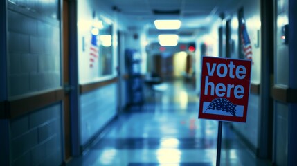 Presidential elections in the USA. A sign that says Vote Here is on a sidewalk. The sidewalk is empty and there are no people in the image