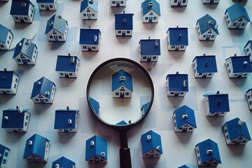 A magnifying glass over blue roofed houses, symbolizing real estate️s cushions for-looking at home on white background Generative AI