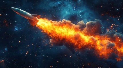 stylized rocket soaring through a starry night sky vibrant trail of fire and smoke symbolizing ambition and progress against a backdrop of constellations