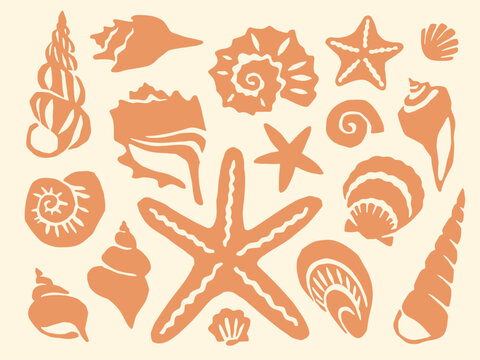 Cut out seashells collection summer beach block print. Peach orange seashell cutouts vintage collage element set.