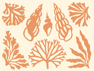 Seashells and seaweed cutouts block print. Peach orange seaweed and sea shells nautical collage design element set.