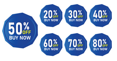 Different discount price 10%,20%, 30%,40%,50%, 60%,70%,80%,90% percent Promotion blue sticker badge set  shopping marketing,  advertisement clearance sale, Isolated vector on white background
