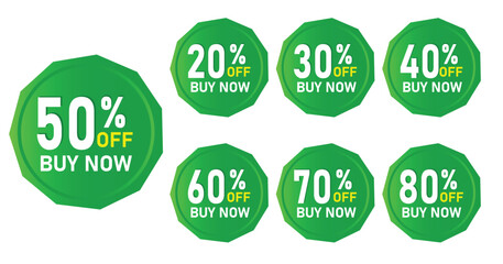 Different discount price 10%,20%, 30%,40%,50%, 60%,70%,80%,90% percent Promotion green sticker badge set  shopping marketing,  advertisement clearance sale, Isolated vector on white background
