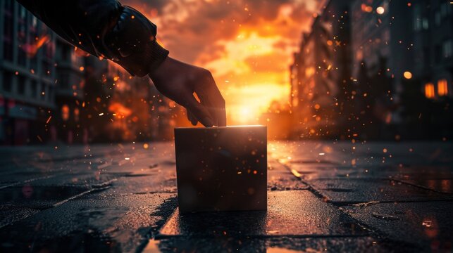 A hand is reaching into a box on a wet street. The box is empty and the street is covered in debris. The scene is dark and moody, with the hand reaching into the box as if searching for something