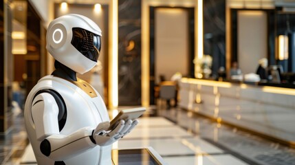Obraz premium Robot receptionist in a modern, luxurious hotel lobby. Generative ai.
