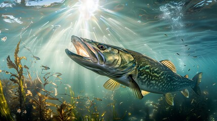 A realistic of a massive musky Esox masquinongy launching a swift attack underwater. The musky is depicted in striking detail, its powerful body and sharp teeth on full display as